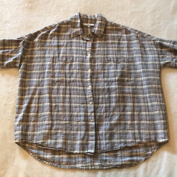 Madewell button-down, light tan and gray plaid, boxy, short-sleeve Courier shirt - Picture 7 of 11